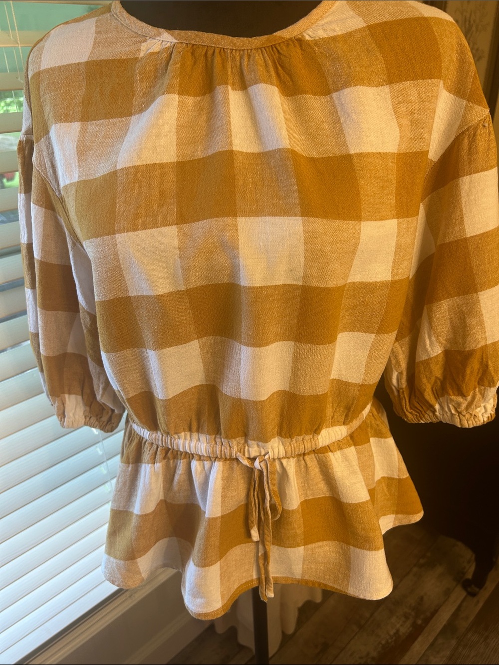 Who What Wear Mustard and White Gingham Peplum Blouse